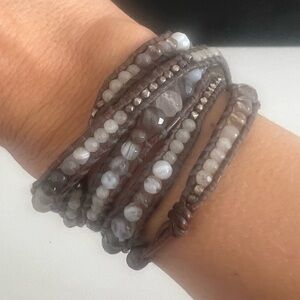 Chan Luu 925 Sterling Silver Labradorite Boho Wrap Leather 5 Strap Bracelet